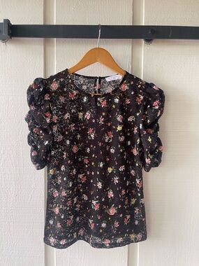 Elodie Black Lace Floral Puff Sleeve Blouse